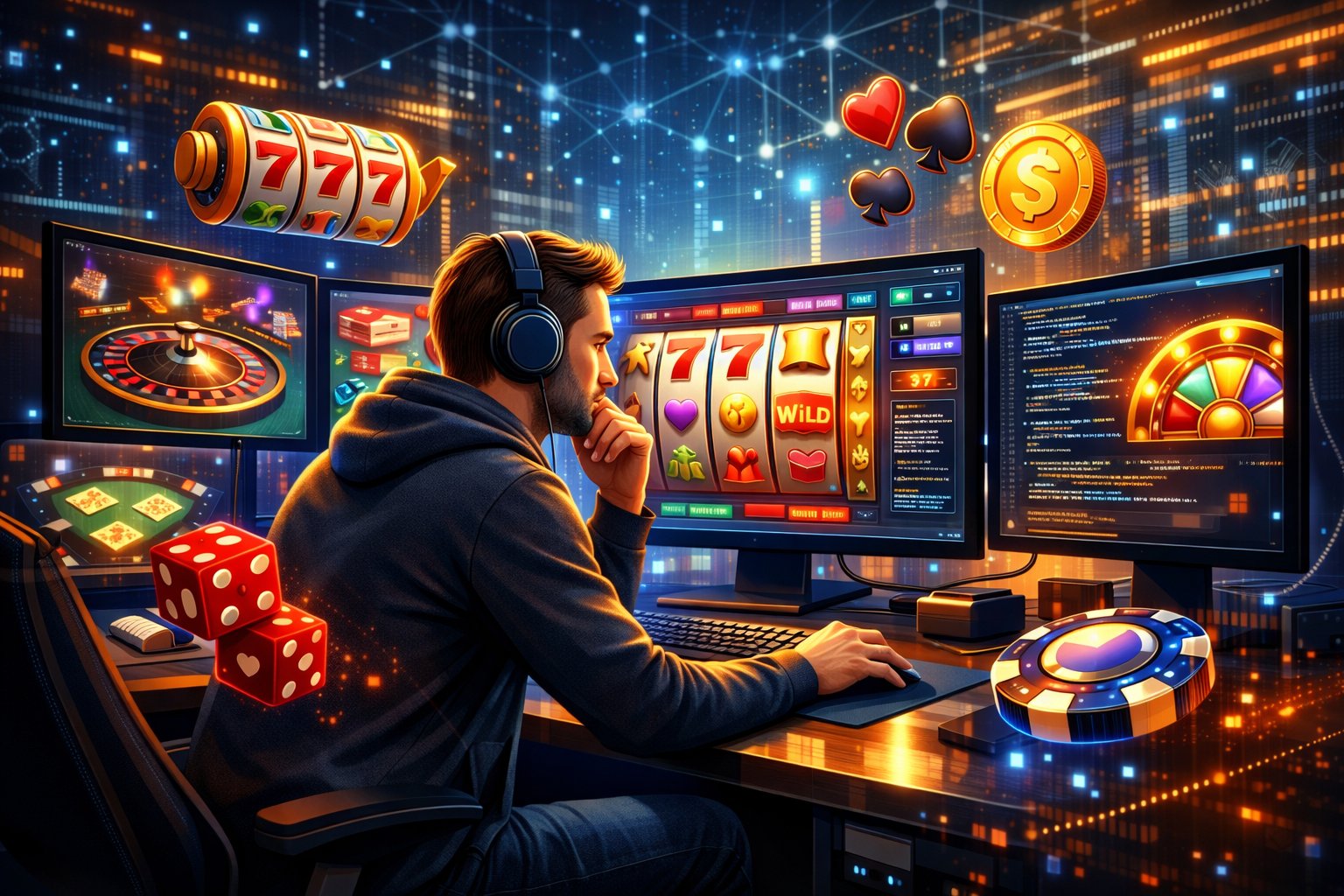 A Software Developer Working At A Desk With Multiple Screens Showing Casino Game Graphics And Code, Surrounded By Icons Of Slot Machines And Card Suits.