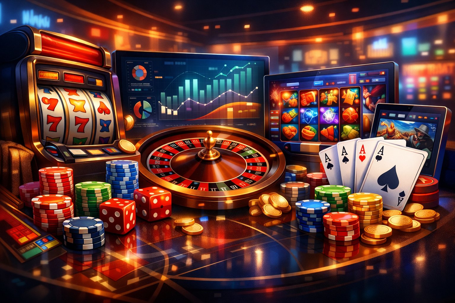 A Colorful Scene Showing Various Casino Games Like Slot Machines, Poker Chips, Playing Cards, And Roulette Wheels In A Modern Casino Setting.