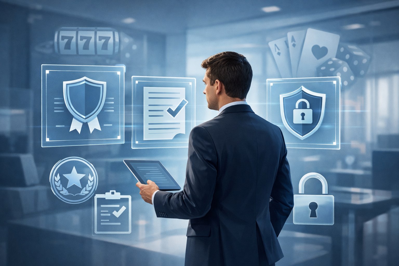 A Business Professional Reviewing Digital Certificates And Compliance Symbols Related To Online Casino Gaming In A Modern Office Setting.