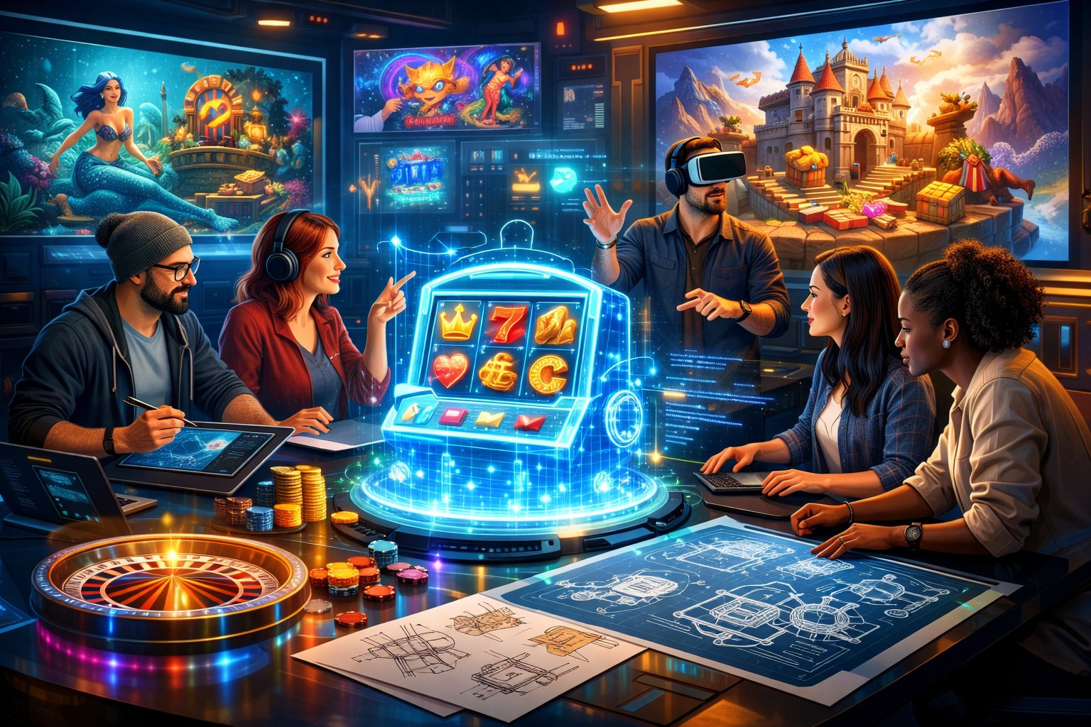 A Group Of Developers Collaborating In A HighTech Studio With Digital Screens Showing Casino Game Designs And Futuristic Gaming Equipment.
