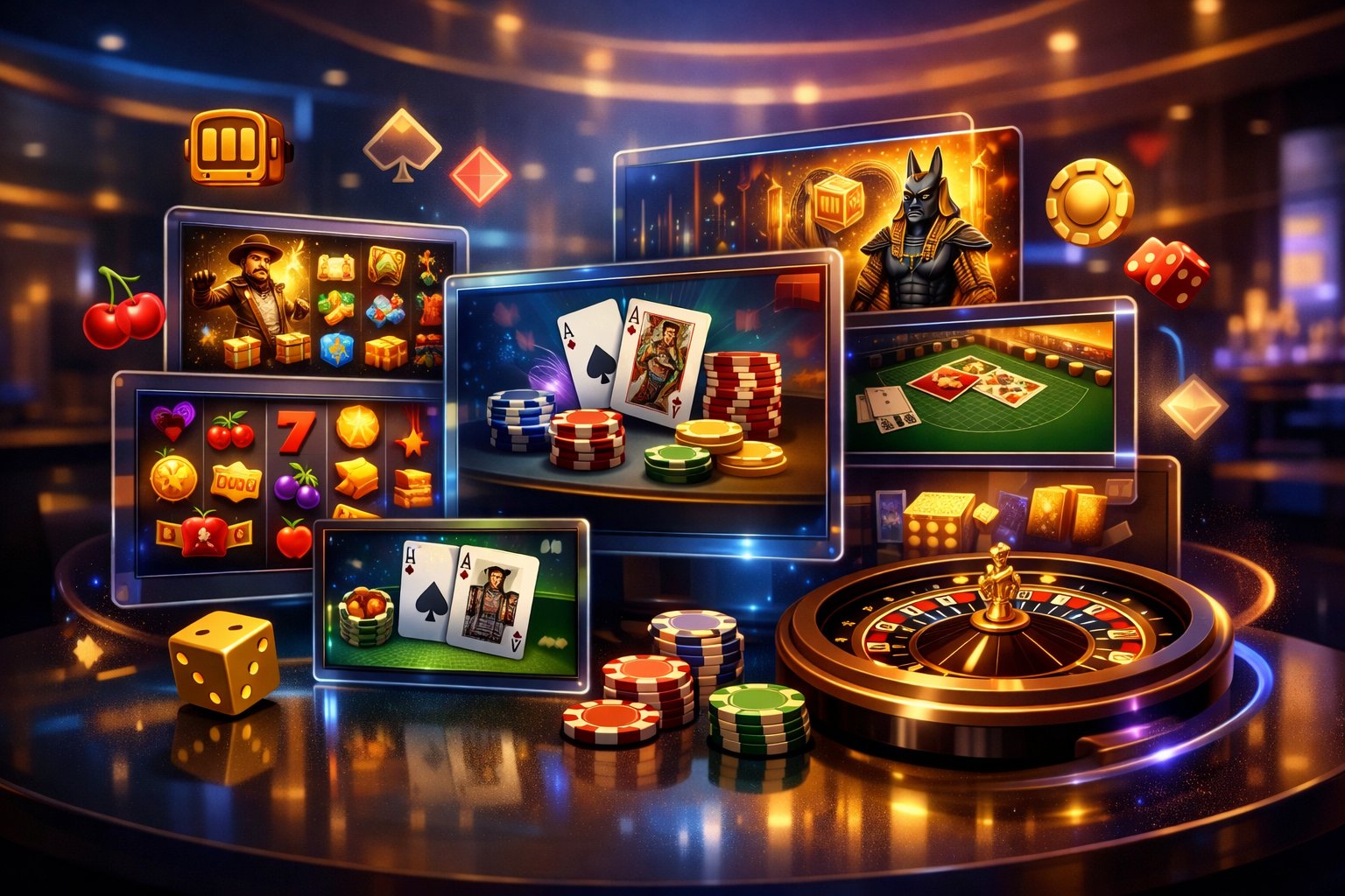 A Digital Display Showing A Variety Of Casino Games Including Slots, Cards, And Roulette In A Modern Gaming Lounge Setting.