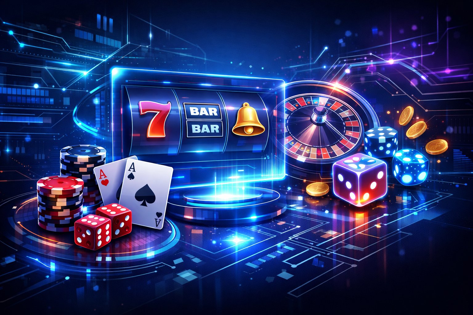 A Modern Digital Interface Showing Casino Game Elements With Futuristic Technology And Glowing Data Streams.