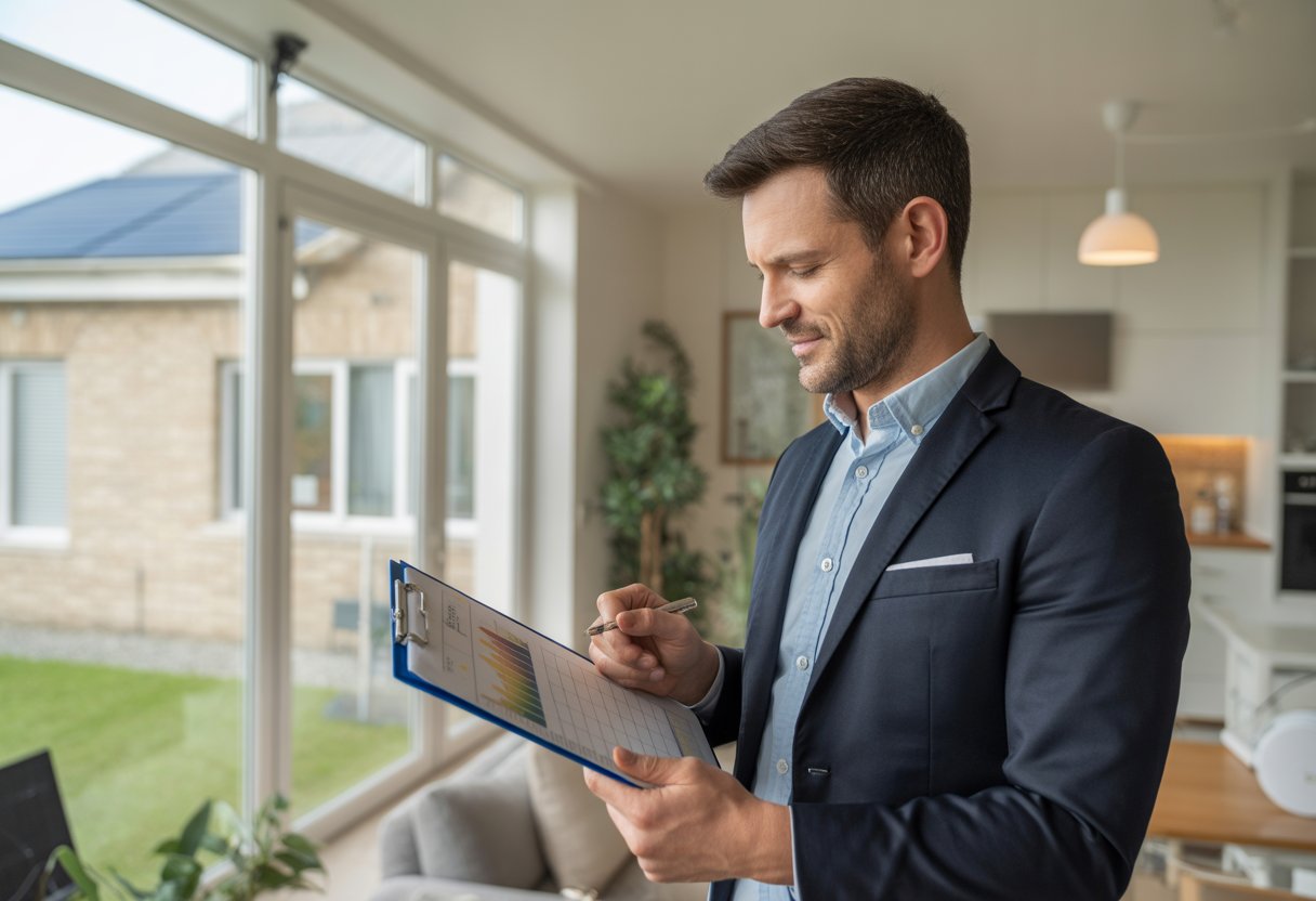 A landlord reviewing energy efficiency documents inside a modern home with energy-saving features visible.