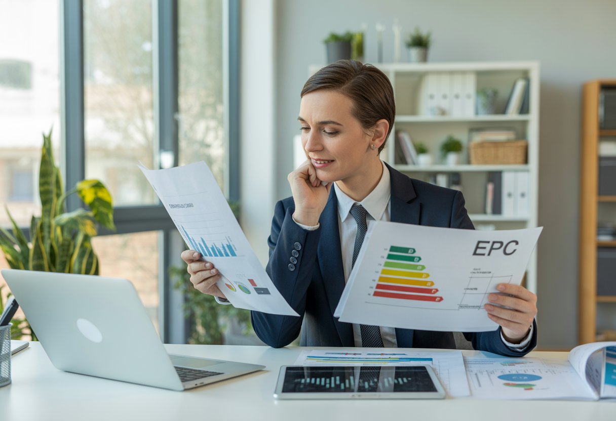 A landlord reviewing energy efficiency documents and charts in a modern office.