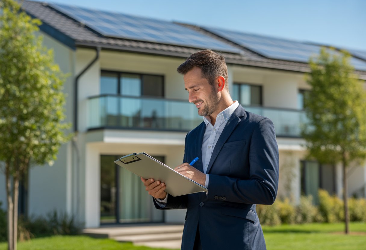 A person inspecting a residential building with solar panels, holding a tablet, surrounded by trees on a clear day.