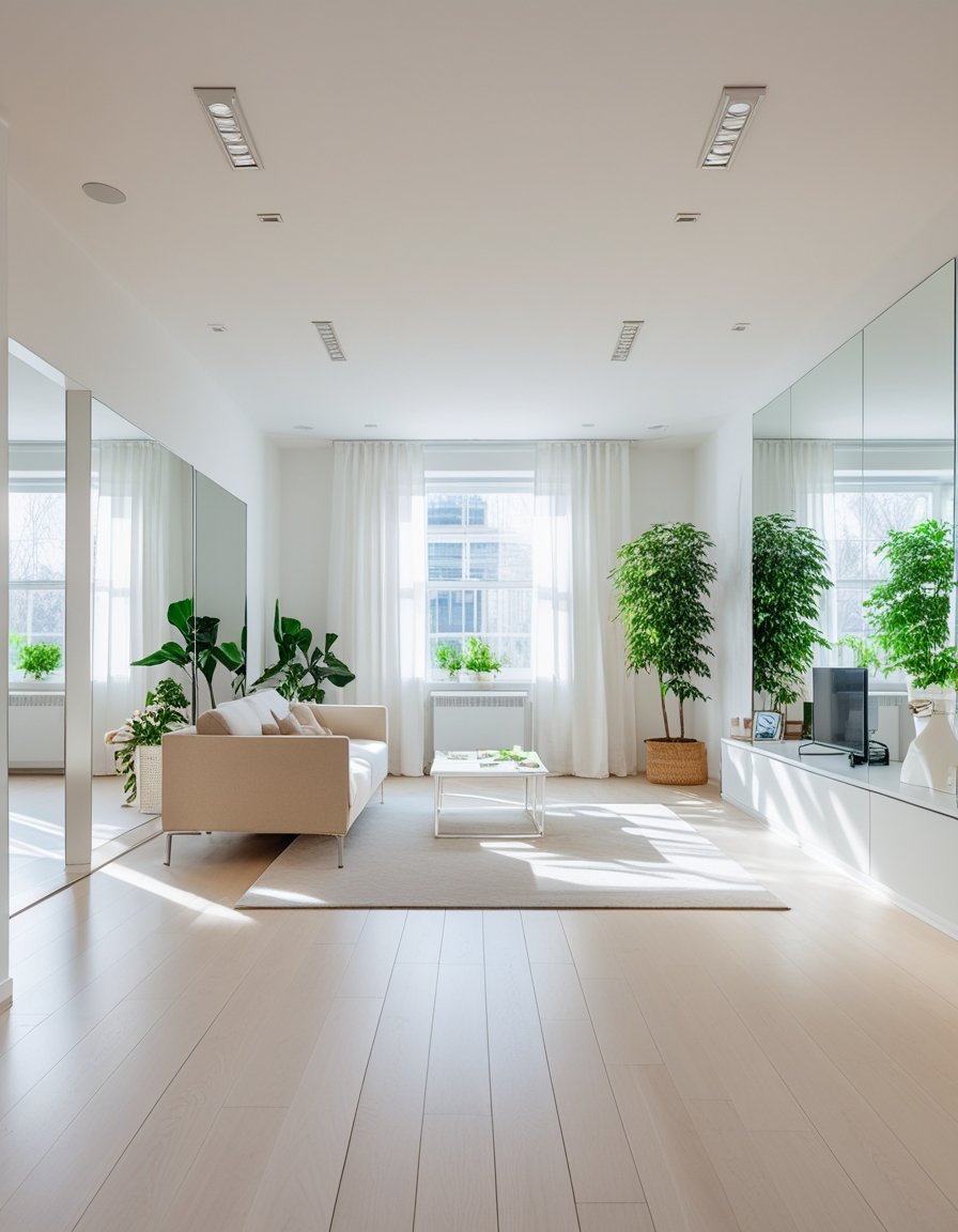 A bright living room with light walls, large windows, minimalist furniture, mirrors on the walls, and plants, creating a spacious and open atmosphere.