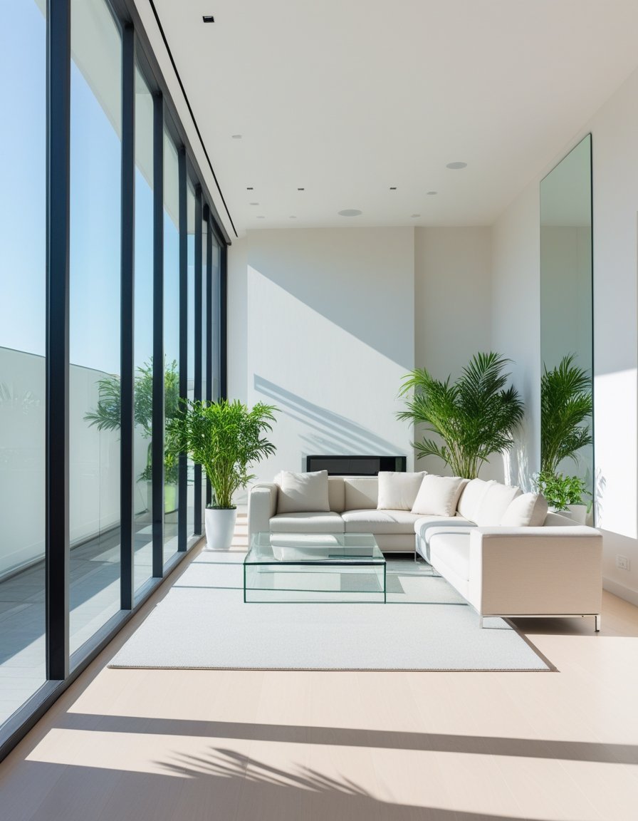 A bright living room with large windows, light-colored walls, minimalist furniture, and plants creating a spacious and open atmosphere.