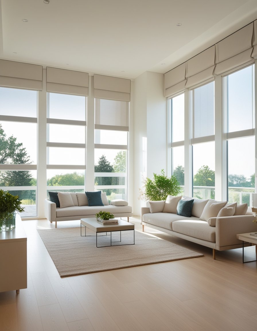 A bright living room with large windows and automated blinds, minimalist furniture, and natural light filling the space.