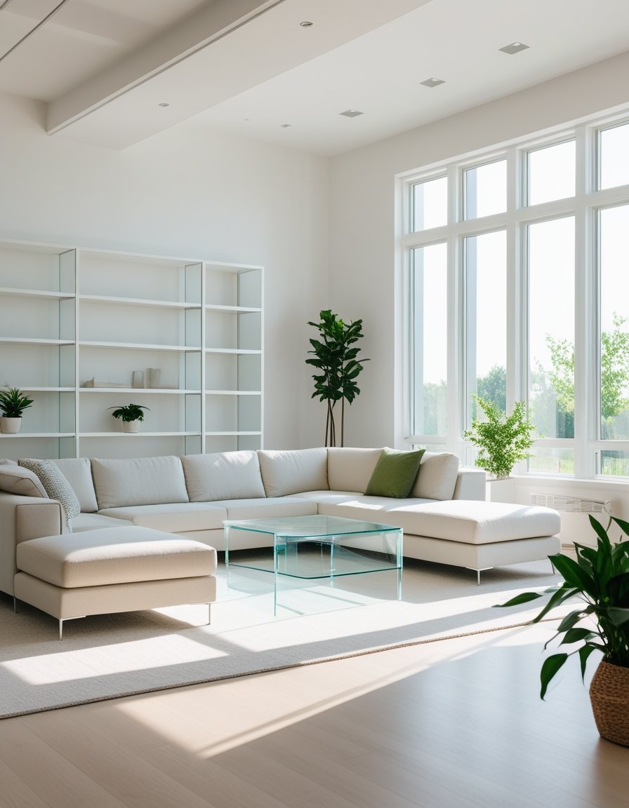 A bright living room with minimal furniture, large windows, and open floor space.