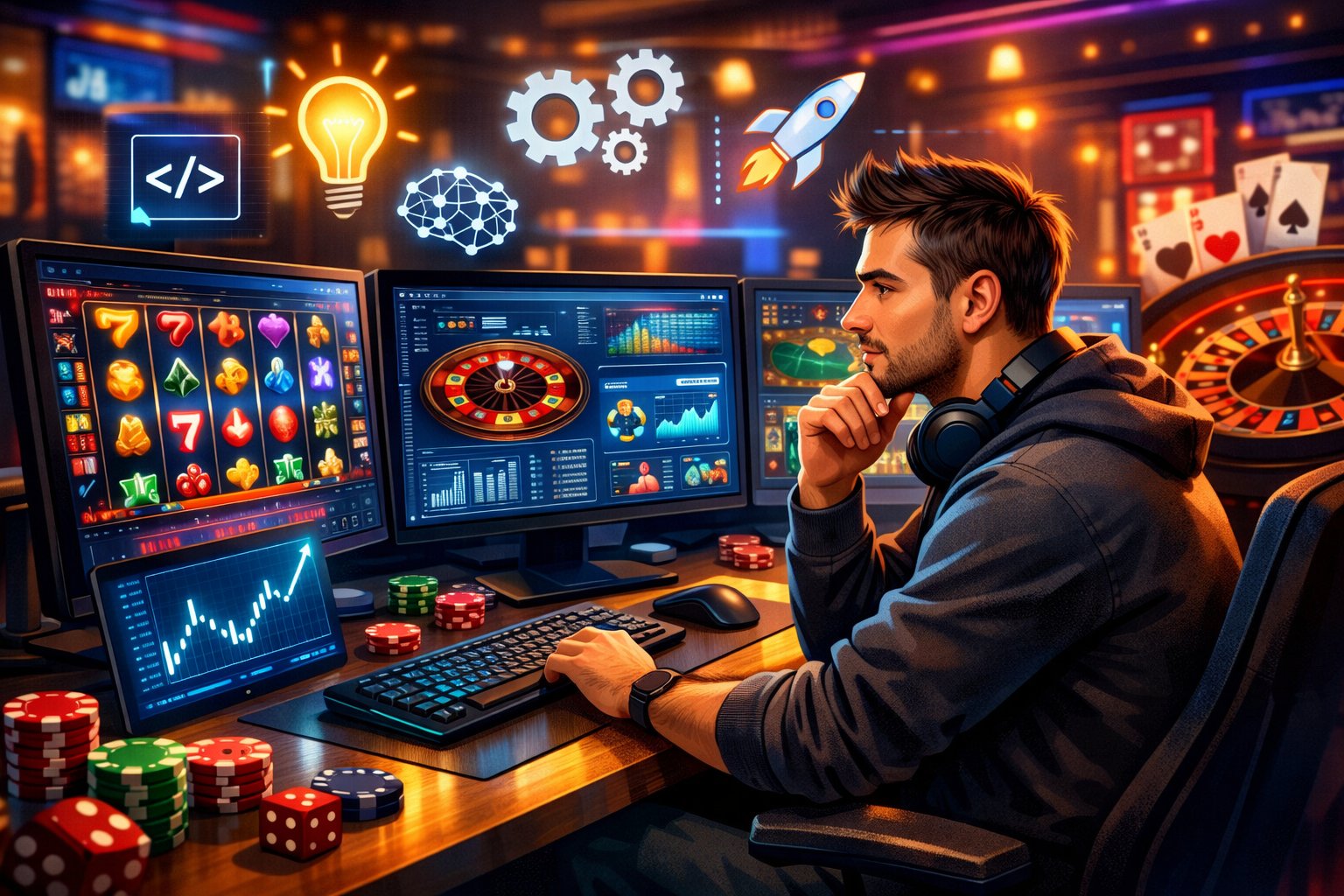 A Game Developer Working At A Desk With Multiple Screens Showing Casino Game Interfaces And Symbols, Surrounded By Icons Representing Creativity And Technology.