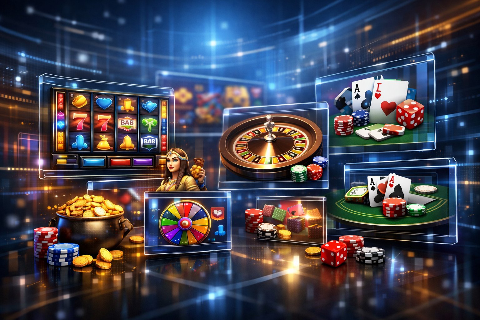 A Digital Interface Showing A Variety Of Casino Games Like Slots, Poker, Roulette, And Blackjack Displayed On Floating Screens In A Modern, HighTech Setting.