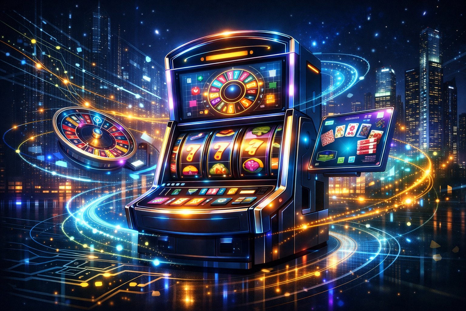 A Futuristic Digital Casino Scene With A HighTech Gaming Console Surrounded By Glowing Holographic Game Interfaces And Abstract Data Streams.