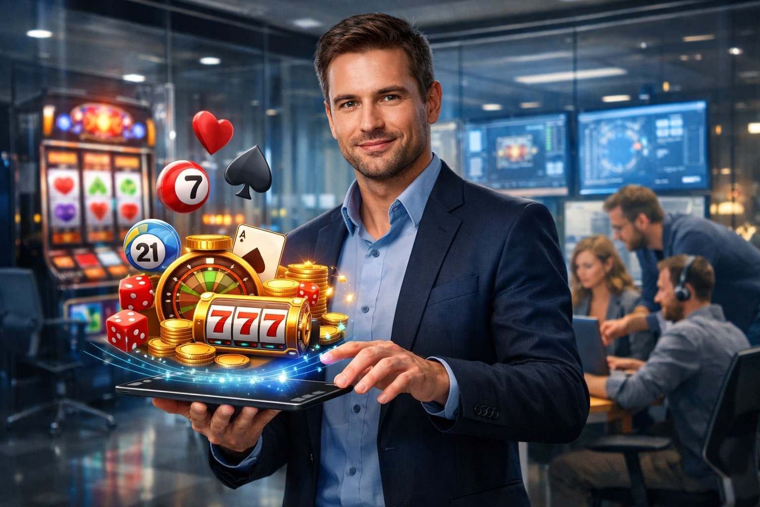 A Person Presenting Casino Game Concepts In A Modern Office Surrounded By Digital Displays And Gaming Symbols.