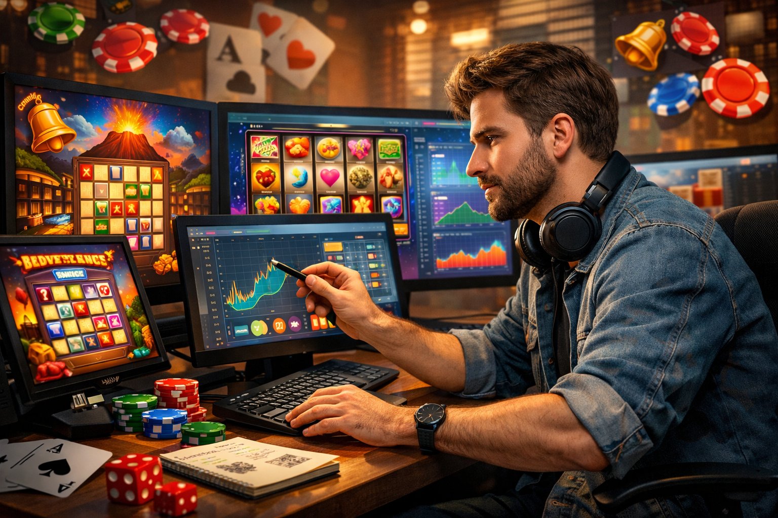 A Game Developer Working At A Desk With Multiple Screens Showing Colorful Casino Game Designs, Surrounded By CasinoThemed Elements Like Chips And Cards.
