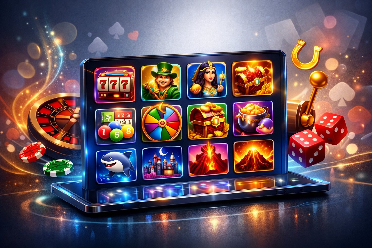 A Digital Display Showing A Variety Of Colorful Casino Game Icons Such As Slot Machines And Bingo Cards Arranged On A Sleek Touchscreen Interface.