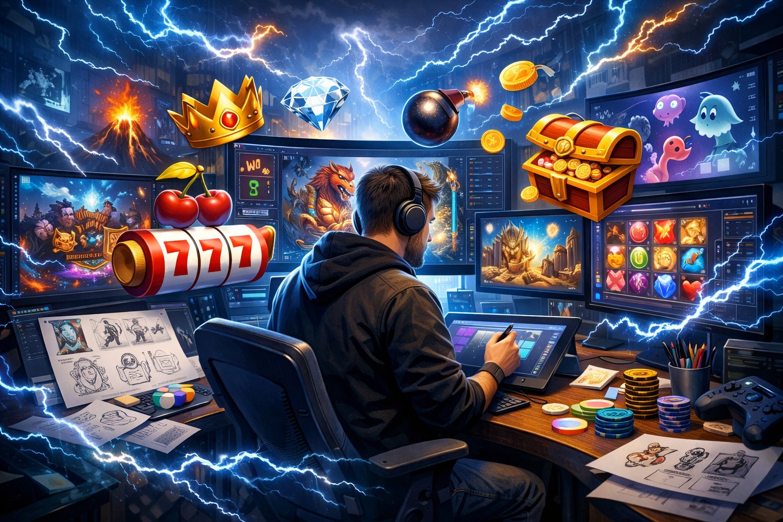 A Developer Working At A Computer Surrounded By Colorful Casino Game Graphics And Lightning Motifs Symbolizing Innovation.