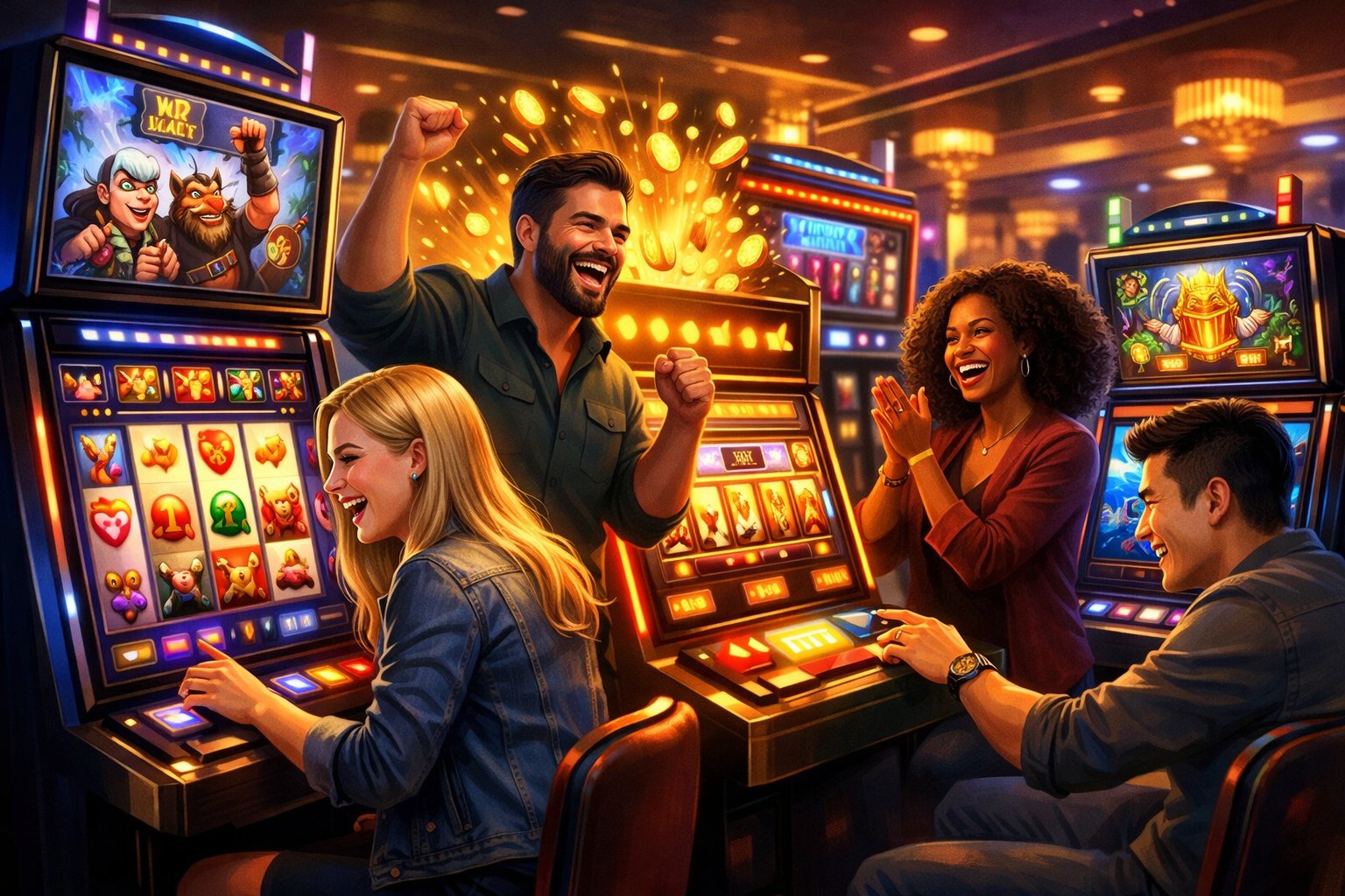 A Group Of Diverse Players Enjoying Vibrant Slot Machines In A Modern Casino Setting, Highlighting Excitement And Engaging Gameplay.