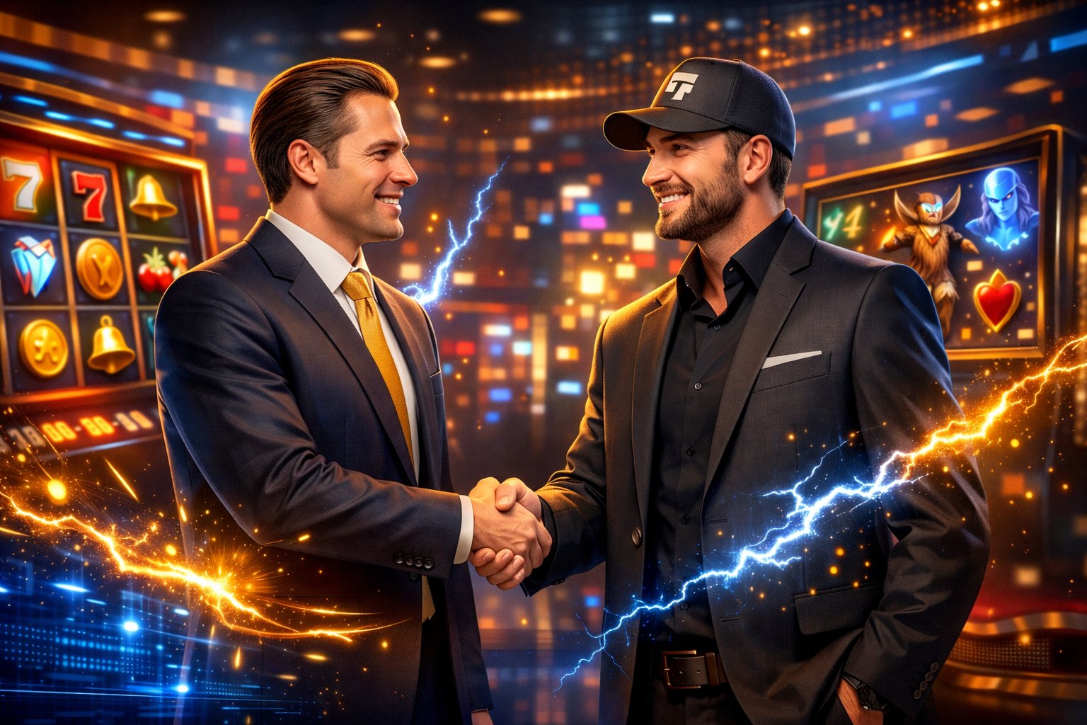 Two Business Professionals Shaking Hands In A Modern Casino Filled With Glowing Slot Machines And Digital Game Screens, Symbolizing A Partnership Between A Casino And A Game Provider.