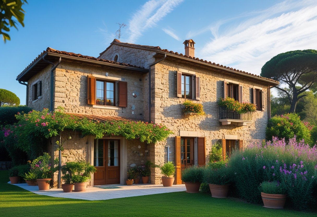 Casa rústica italiana com telhado de terracota, cercada por plantas verdes e flores coloridas sob um céu azul claro.