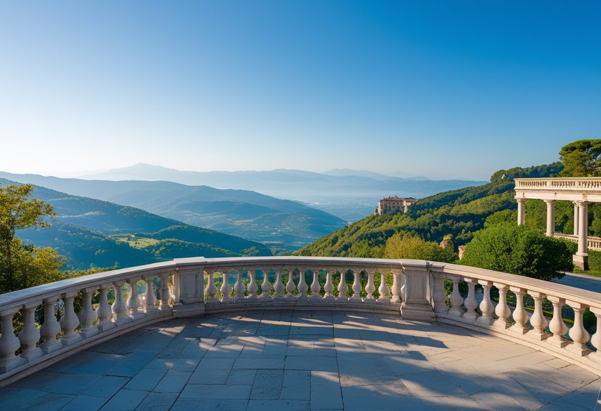 Mirante Sibilla Italiana com terraço de pedra e vista panorâmica para colinas verdes e montanhas ao fundo.