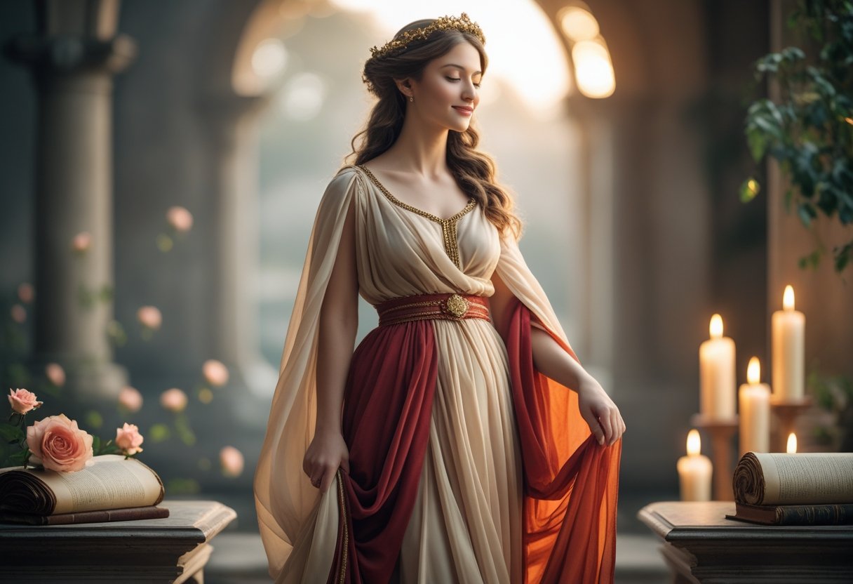 Mulher elegante vestindo roupas clássicas italianas, cercada por rosas e luz suave, em um ambiente tranquilo que remete à Itália antiga.