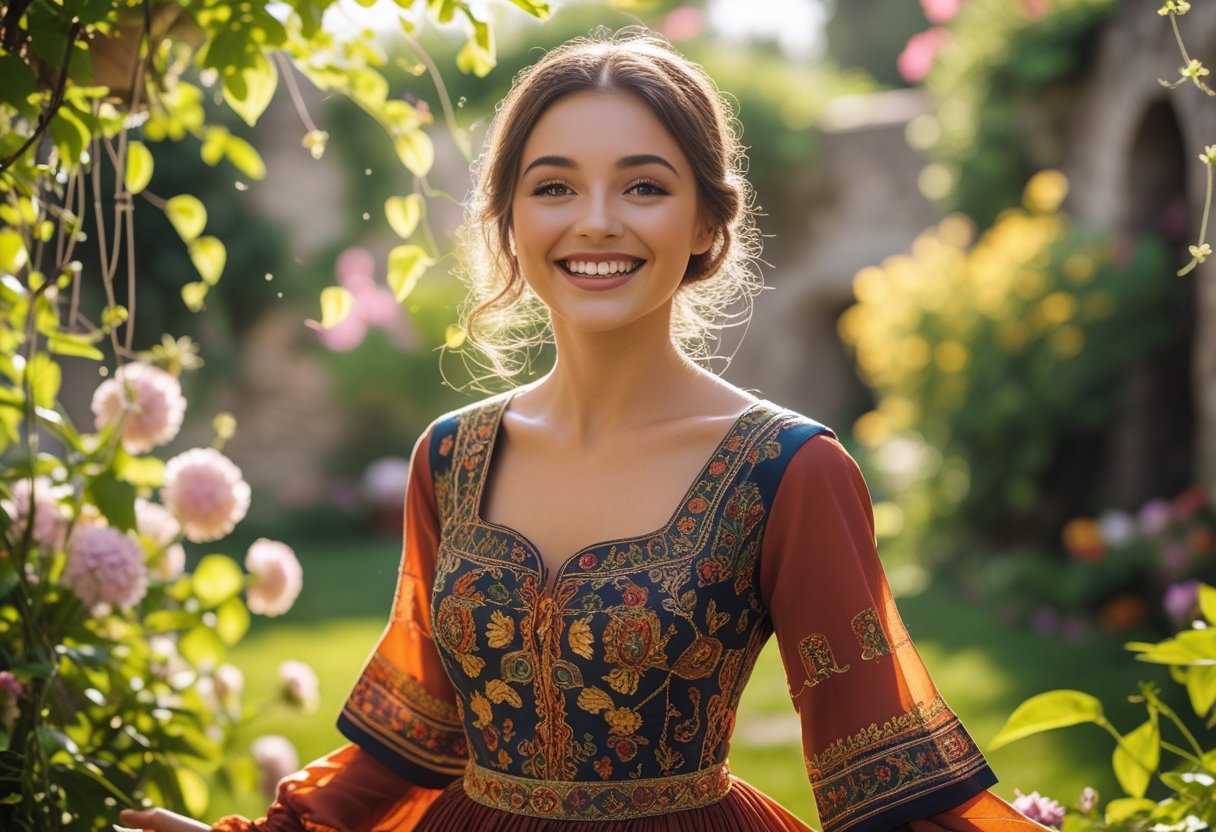 Mulher jovem sorridente em um jardim ensolarado com flores e vegetação ao redor.