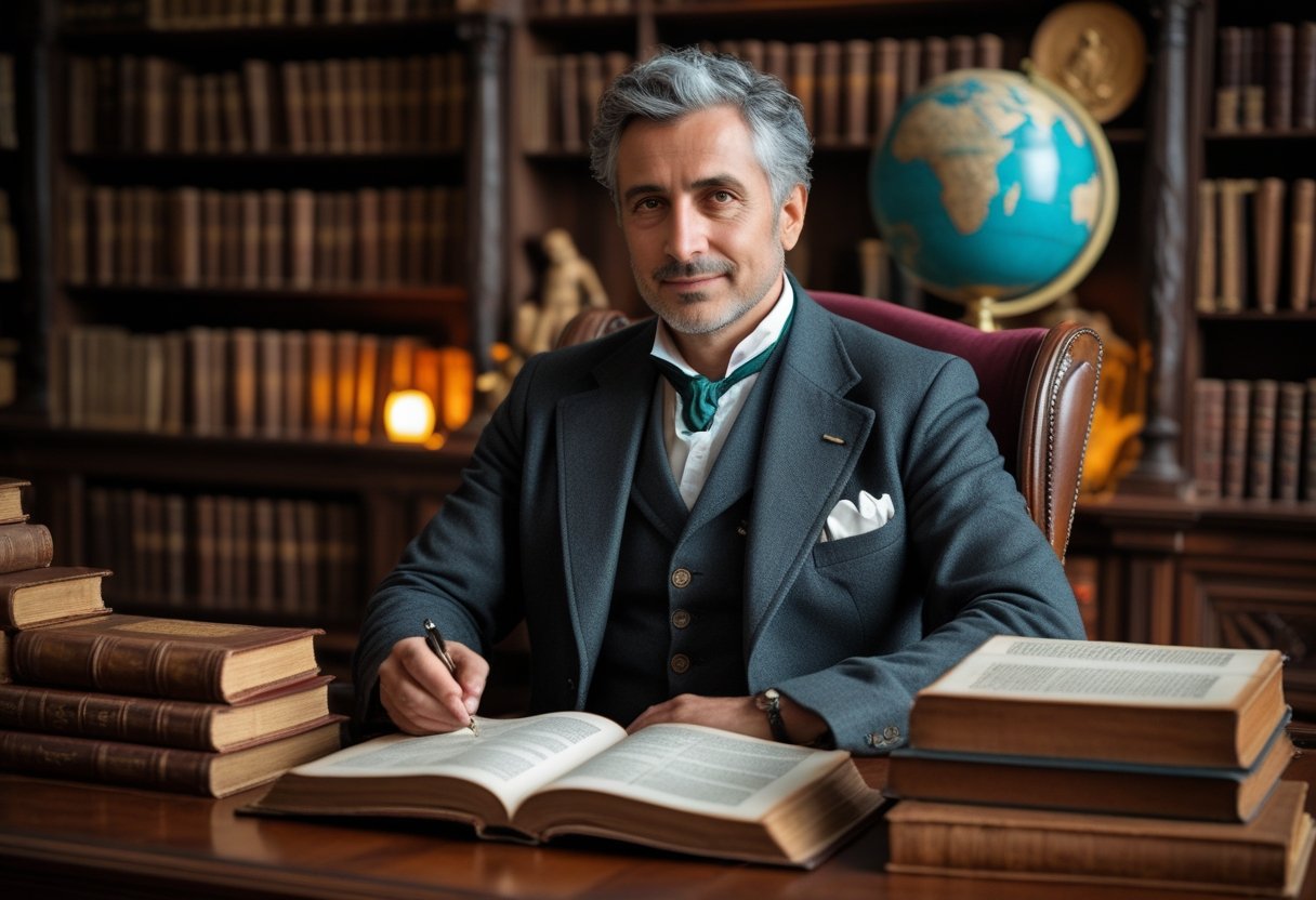 Um acadêmico italiano sentado em uma biblioteca, cercado por livros antigos, em uma pose pensativa.
