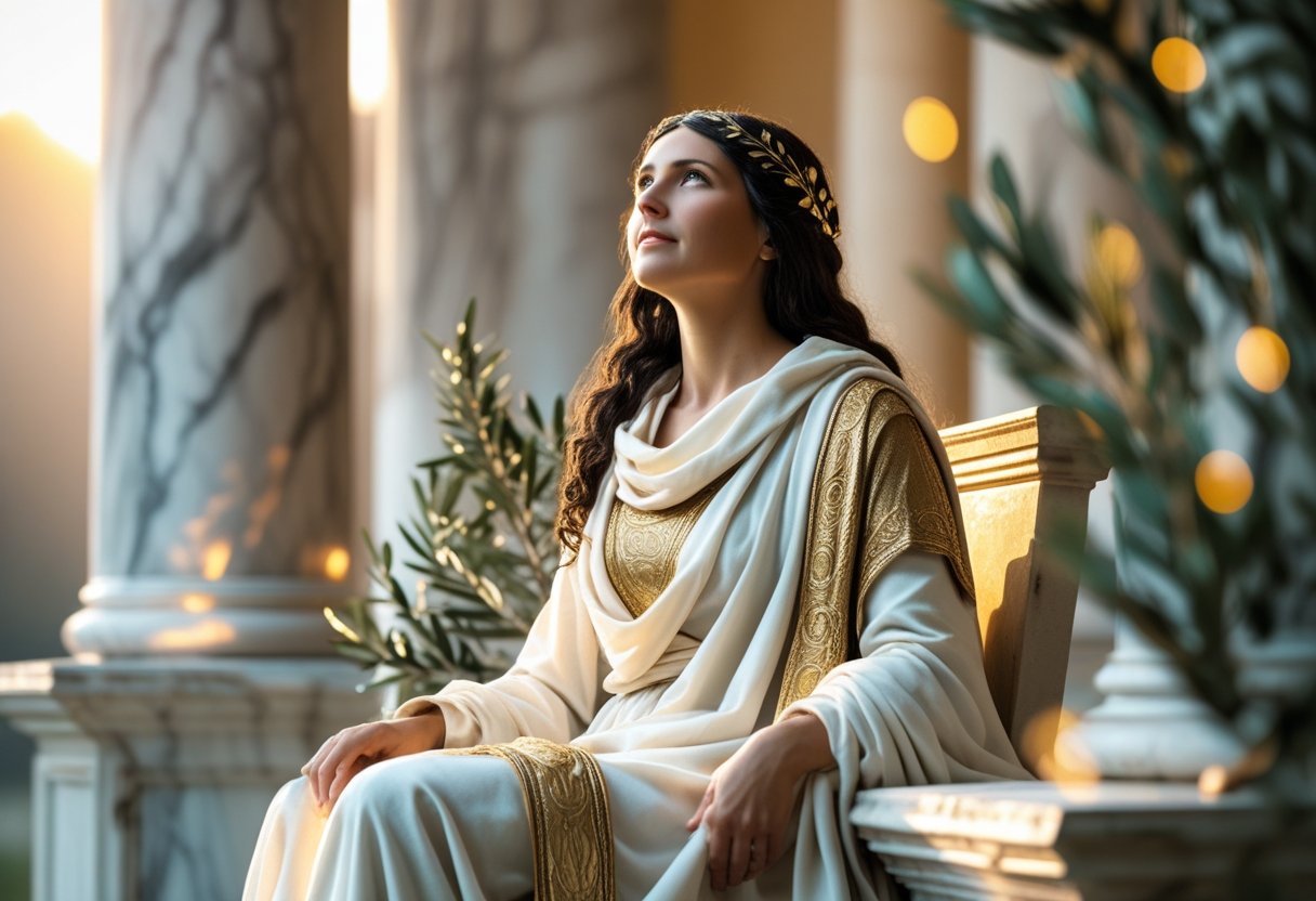 Mulher serena vestindo roupas antigas sentada em um ambiente clássico romano, olhando para cima com expressão contemplativa.