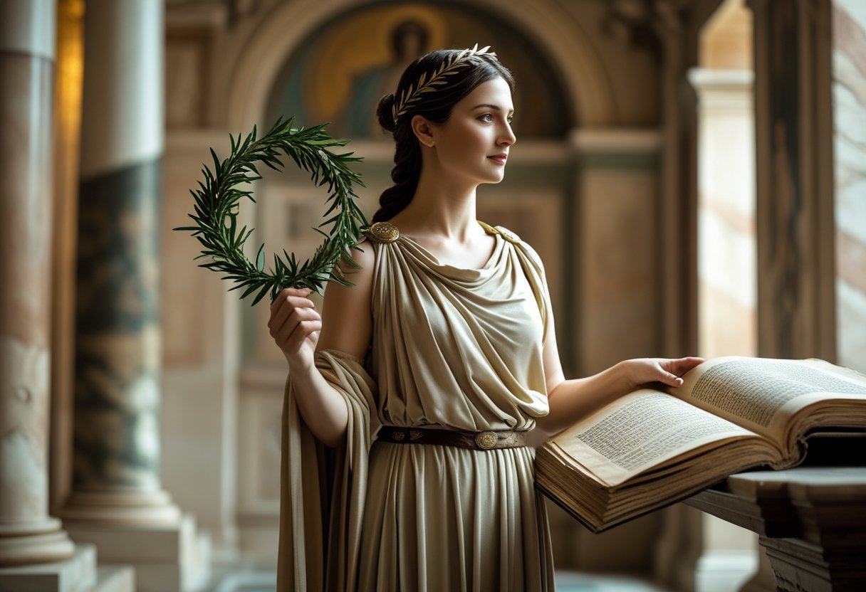 Mulher vestida com traje antigo romano segurando uma coroa de louros e um pergaminho, em um ambiente com colunas de mármore e pinturas antigas.
