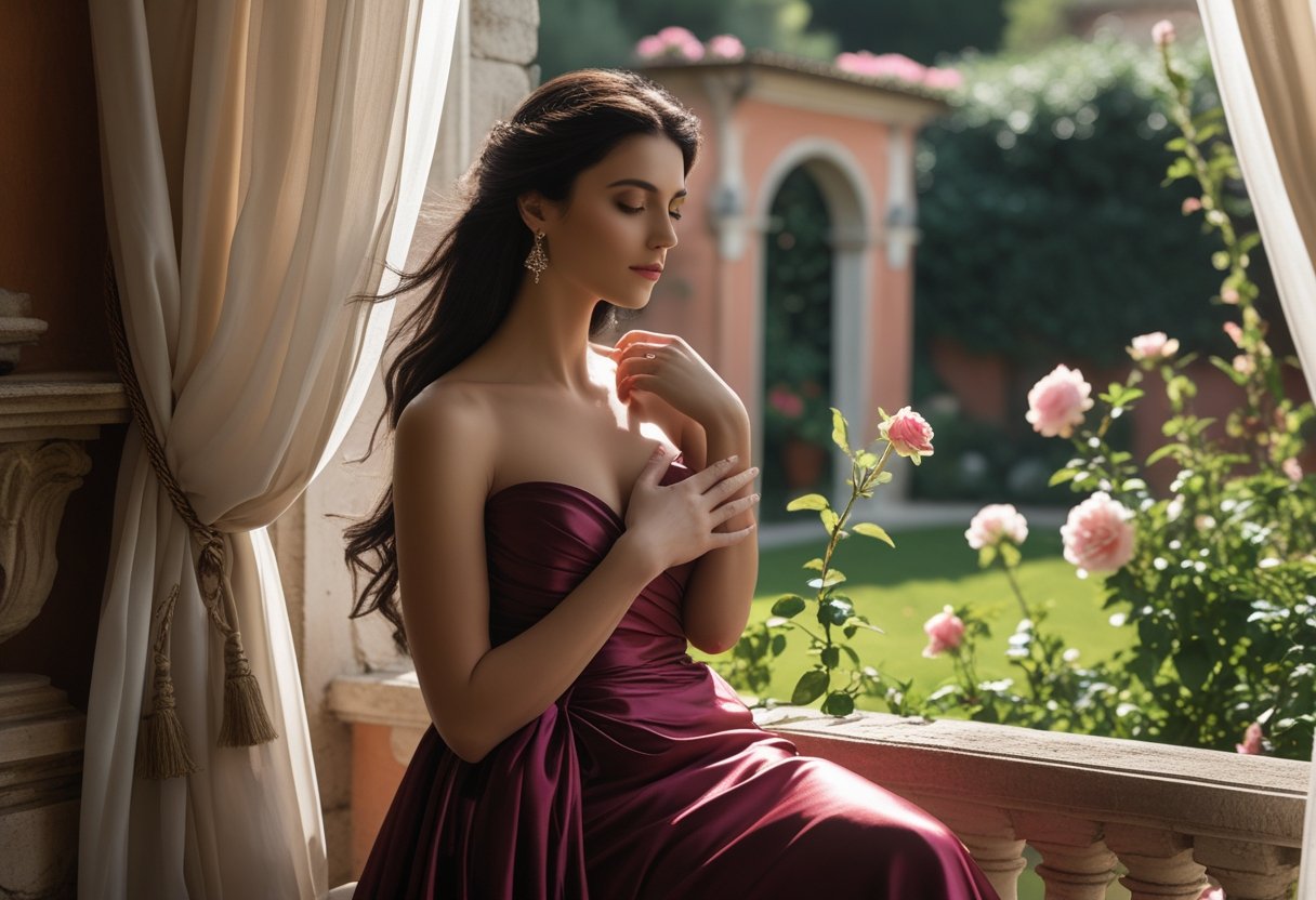 Mulher italiana elegante sentada perto de uma janela, vestindo um vestido vermelho, segurando uma rosa, com um jardim italiano ao fundo.