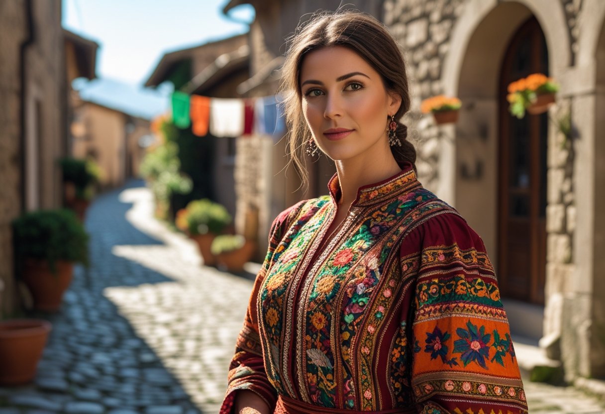 Mulher italiana tradicional vestindo roupas típicas em uma rua de vila rústica com prédios de pedra e calçamento de paralelepípedo.