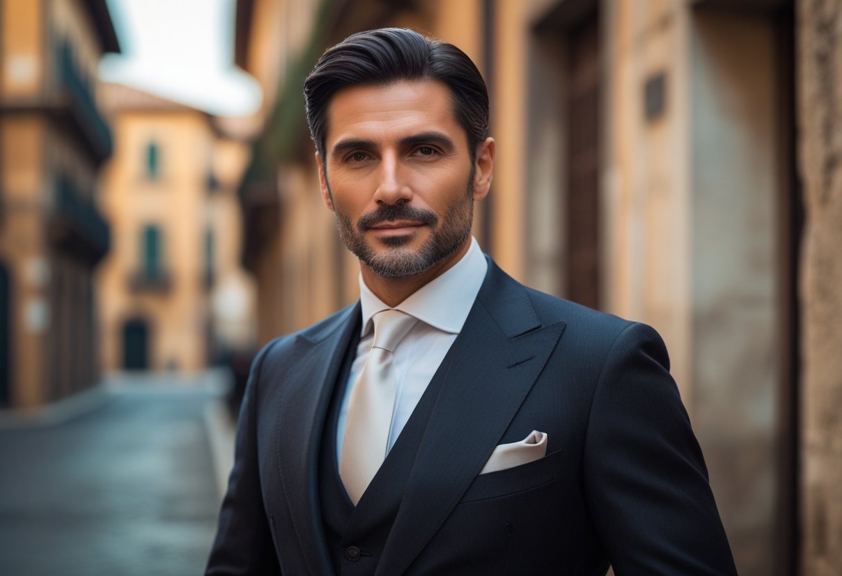 Um homem italiano elegante vestido com terno escuro em um cenário urbano histórico com arquitetura clássica ao fundo.