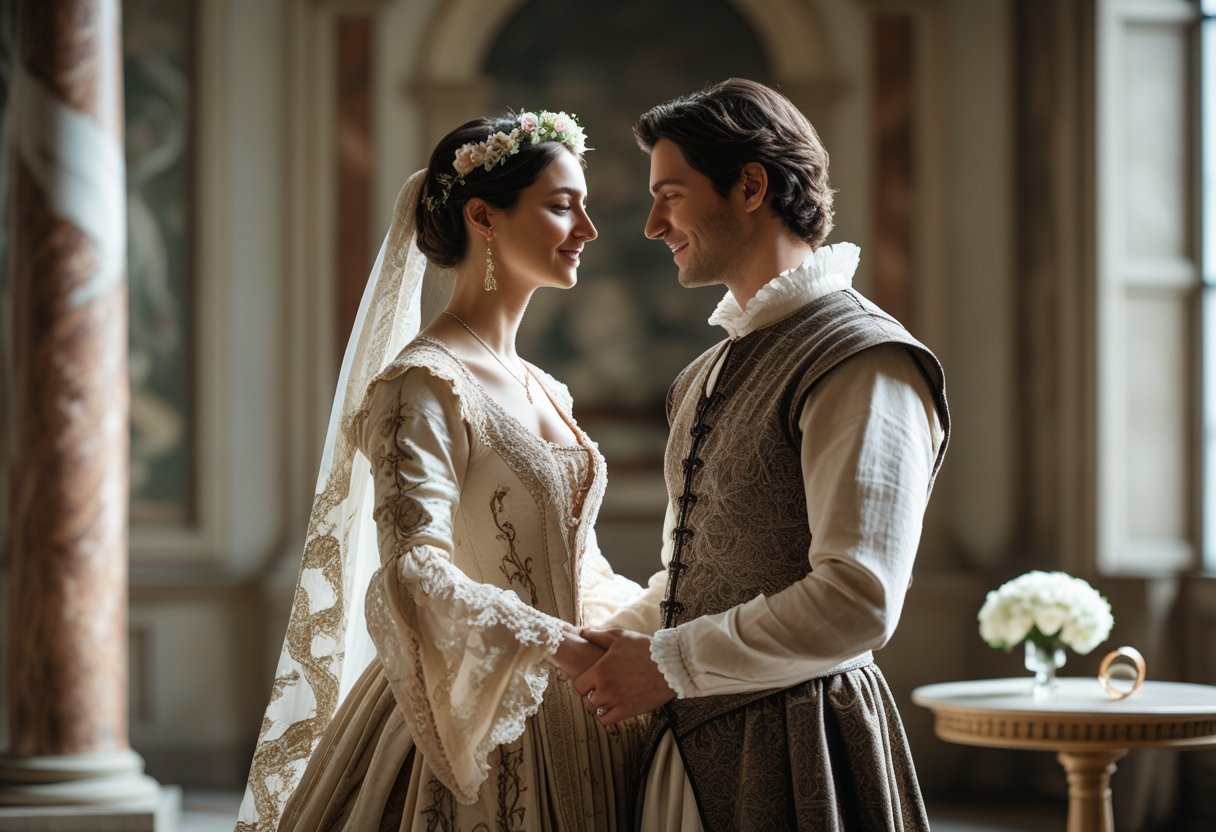 Um casal vestido com roupas tradicionais italianas antigas, segurando as mãos em um ambiente elegante e clássico, simbolizando matrimônio.