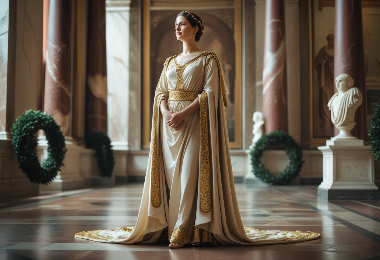 Mulher elegante vestindo roupas clássicas em um salão antigo, com postura orgulhosa e expressão confiante.