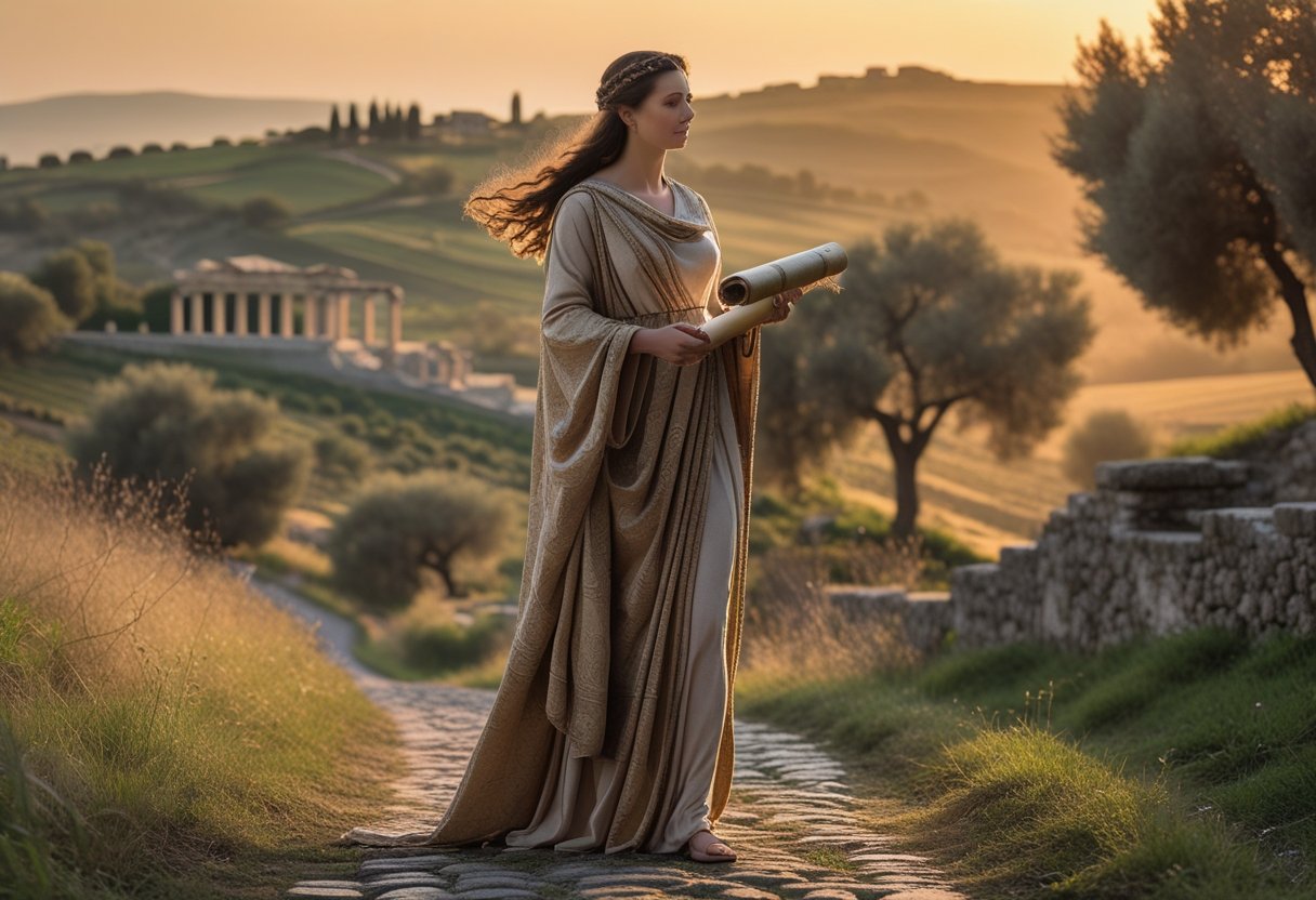 Mulher vestida com roupas antigas em uma paisagem mediterrânea com colinas, oliveiras e ruínas ao pôr do sol.