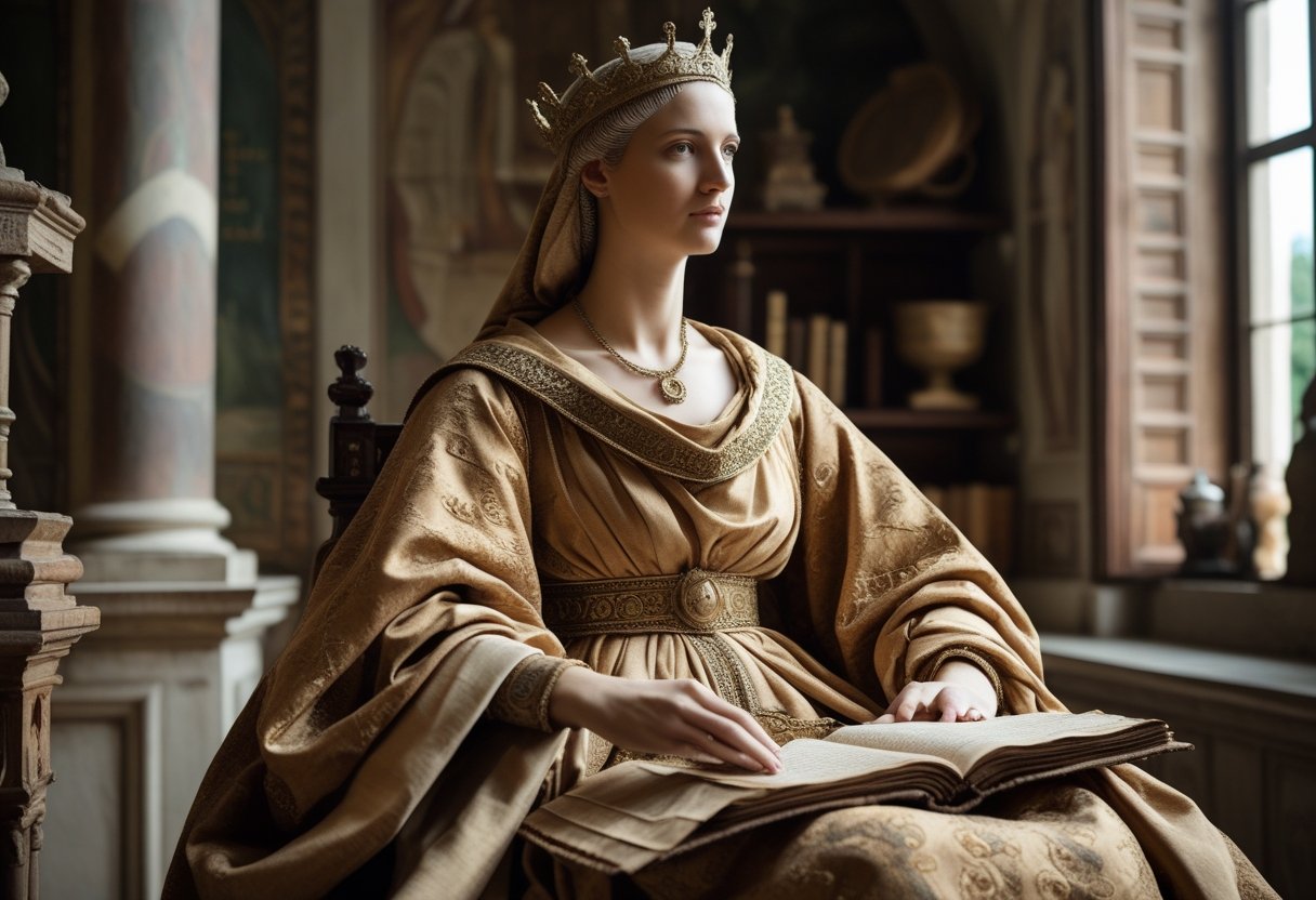 Mulher italiana vestida com roupas antigas, sentada em uma sala histórica decorada, segurando um pergaminho, com expressão serena e ambiente clássico ao redor.
