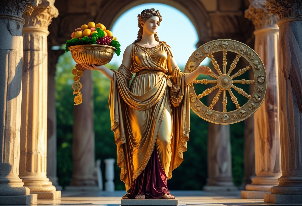 Mulher elegante vestindo roupas drapeadas douradas, segurando um cornucópia e uma roda da fortuna em um templo antigo com colunas de mármore e vegetação ao fundo.