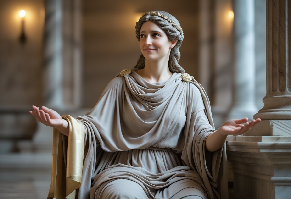 Mulher vestida com roupas antigas romanas, em um ambiente clássico, com expressão suave e consoladora, segurando um pergaminho aberto.