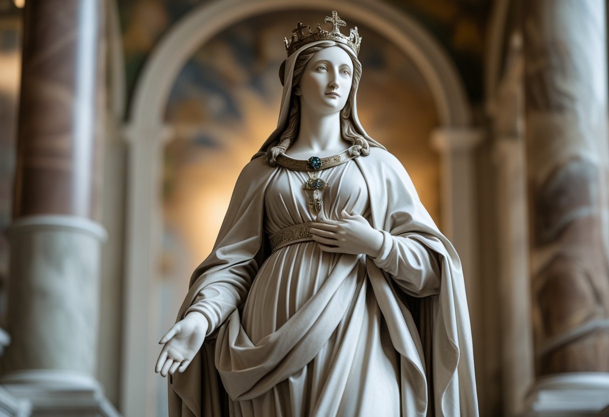 Figura feminina serena vestida com roupas elegantes em um ambiente clássico italiano, transmitindo sabedoria e consolação.