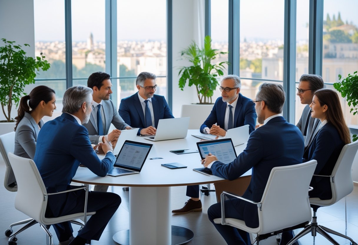 Grupo de profissionais italianos em reunião de negócios ao redor de uma mesa em um escritório moderno.