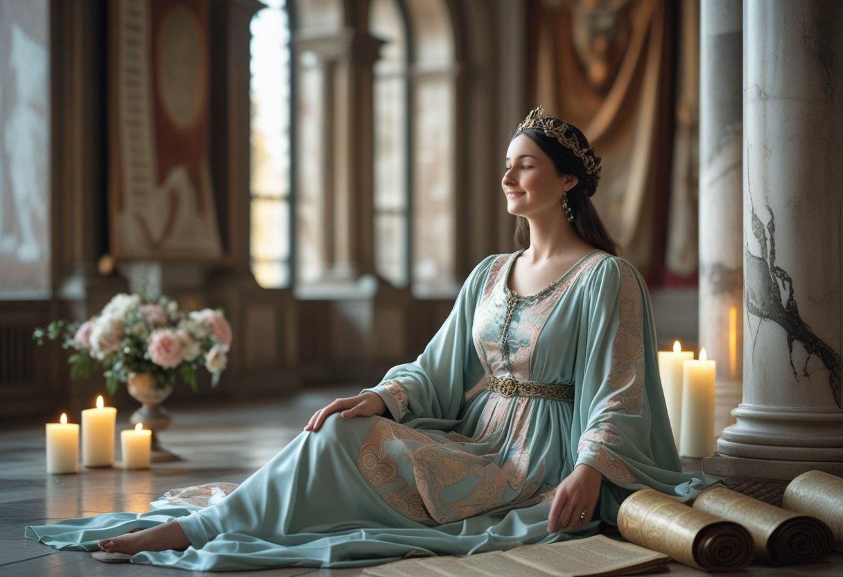Uma mulher elegante vestindo roupas renascentistas sentada em uma sala clássica iluminada pela luz natural, rodeada por elementos antigos como pergaminhos e velas.
