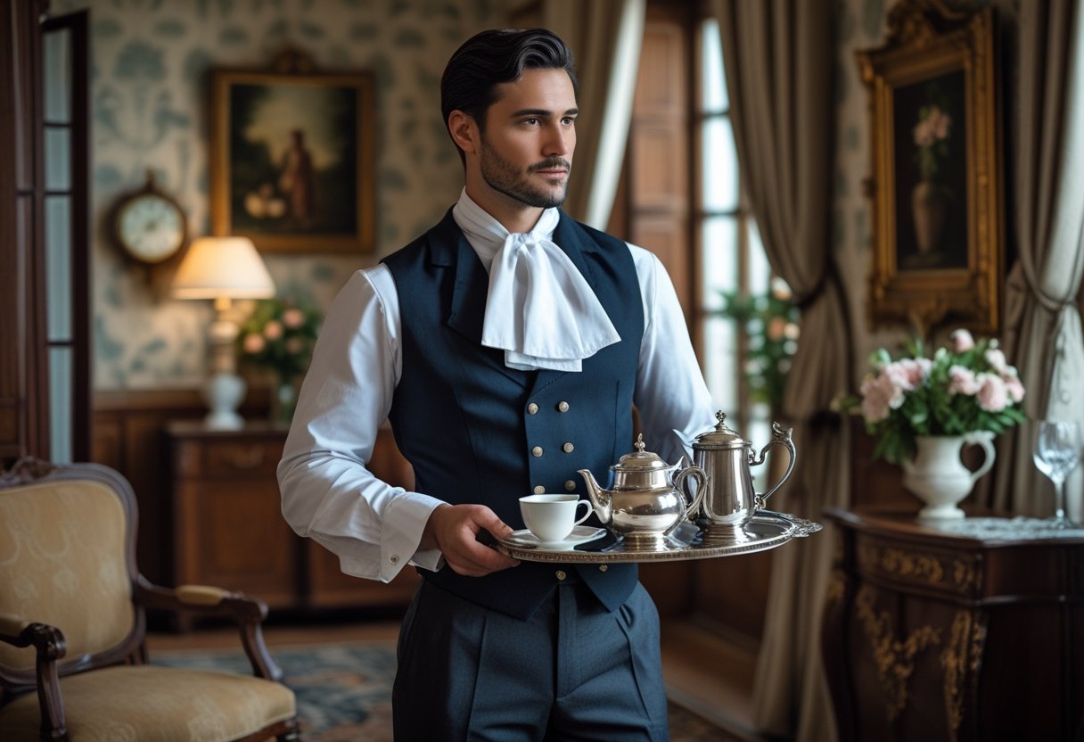 Homem vestido como criado italiano tradicional segurando uma bandeja com um bule e uma xícara em um ambiente interno elegante.