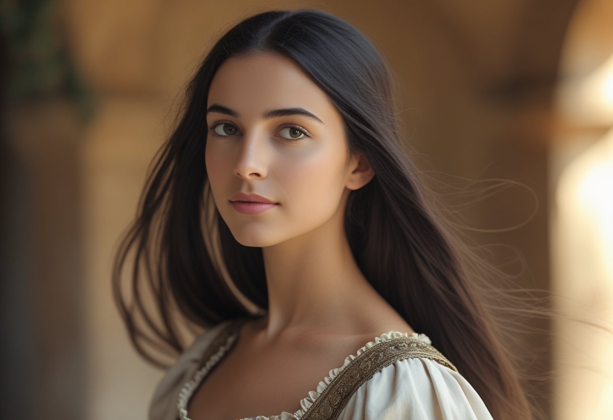 Jovem mulher italiana com expressão serena, cabelos longos e escuros, em um ambiente natural com luz suave.