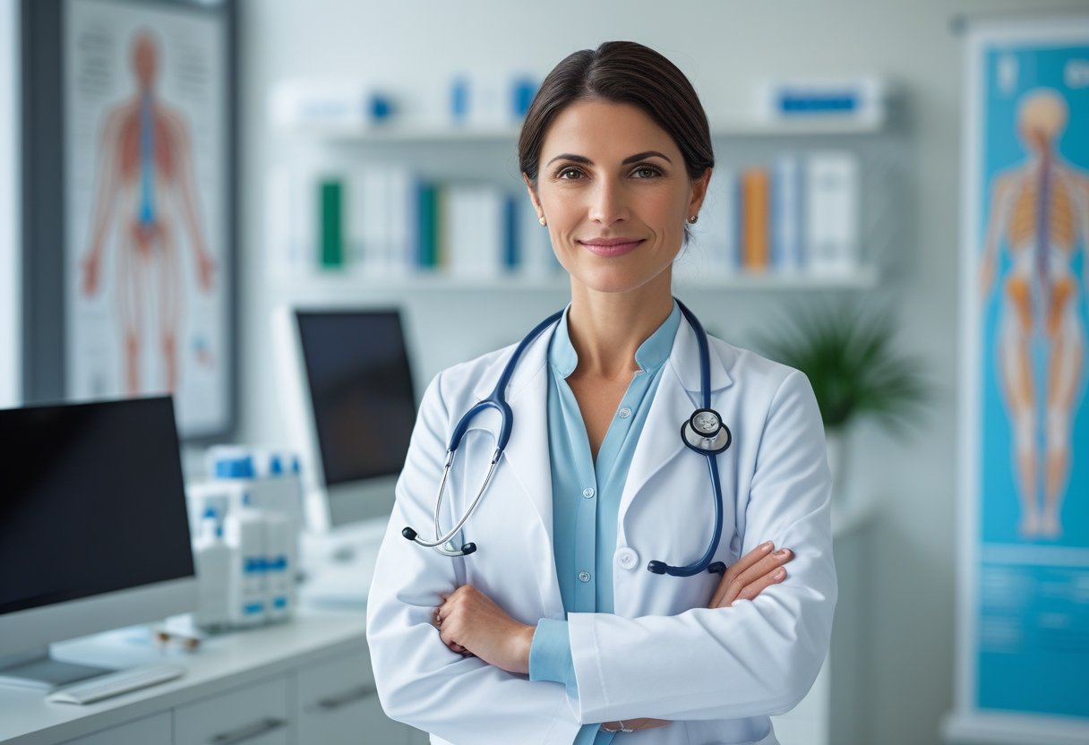 Mulher médica italiana em jaleco branco em consultório médico moderno, com estetoscópio no pescoço e expressão confiante.