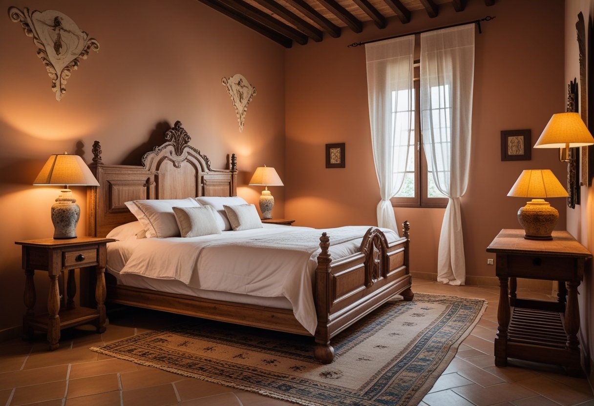 Quarto italiano tradicional com cama de madeira, paredes em tom terracota, janela com cortinas claras e iluminação natural suave.