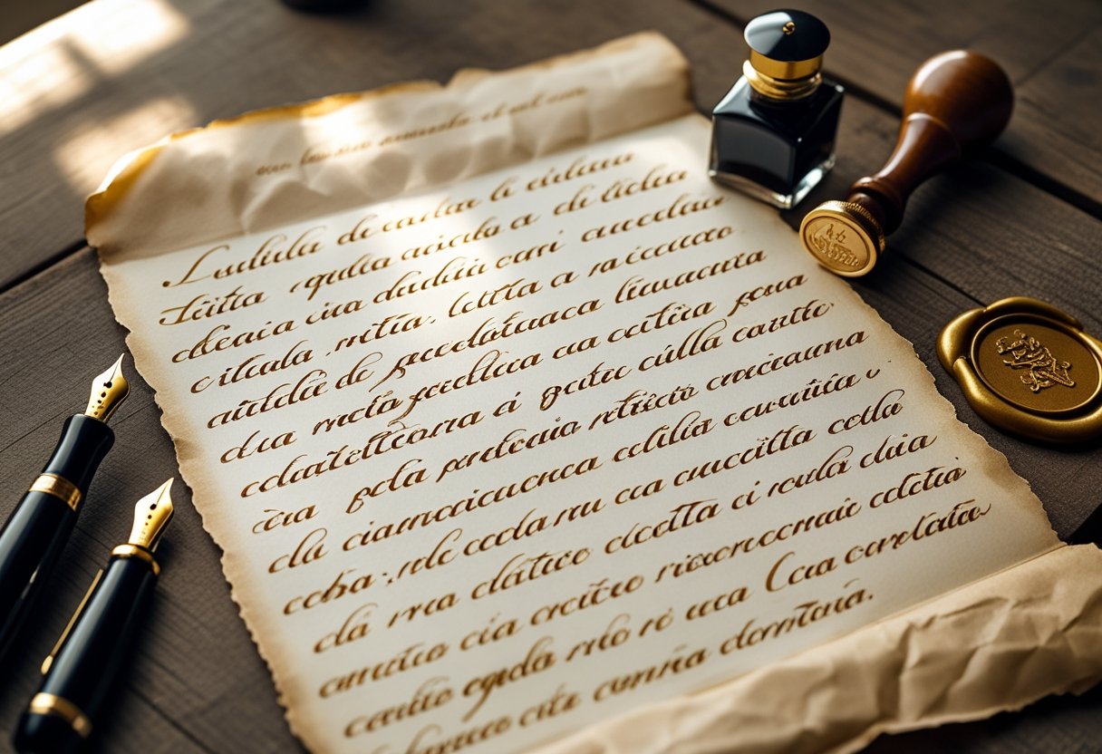Uma carta italiana antiga sobre uma mesa de madeira com uma caneta-tinteiro, um tinteiro e um selo de cera ao lado.