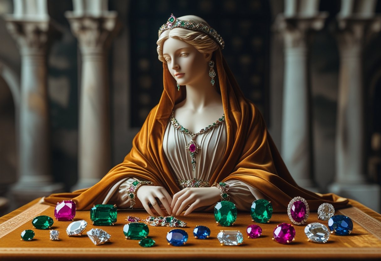 Uma mulher elegante italiana sentada à mesa com várias pedras preciosas coloridas diante dela.