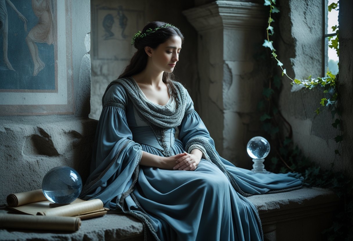 Mulher italiana vestida com roupas antigas, sentada em uma sala de pedra, com expressão pensativa e melancólica.