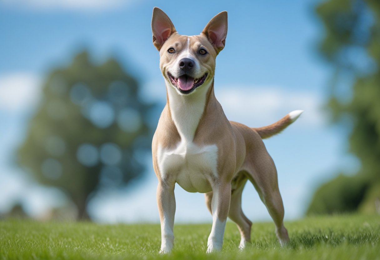 Um cachorro Sibilla Italiana em pé em um campo verde, olhando atento e feliz sob um céu azul.