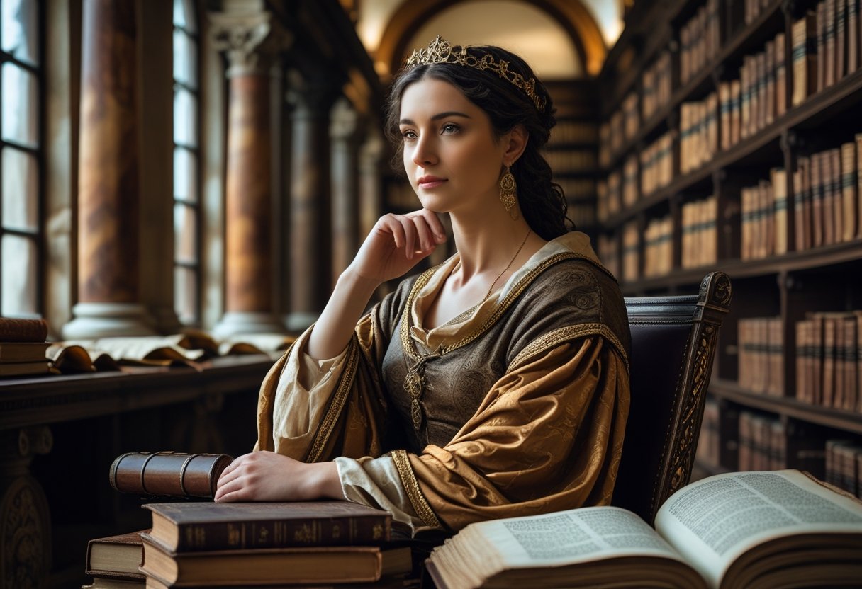 Mulher elegante vestida com roupas renascentistas sentada em uma biblioteca antiga, olhando pensativa para o horizonte.